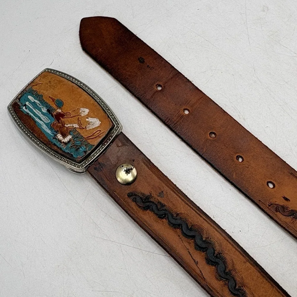 Vintage Tooled Leather Duck Hunting Belt 38 Mallard Buckle Western Cowboy